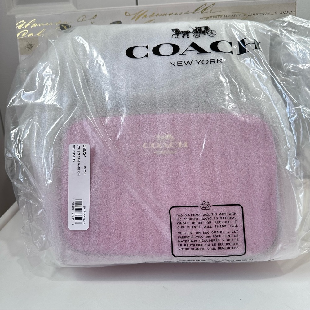 Coach Jamie Pink Tan Leather Crossbody Camera Bag CBM24 Signature Trim Print - Picture 13 of 16